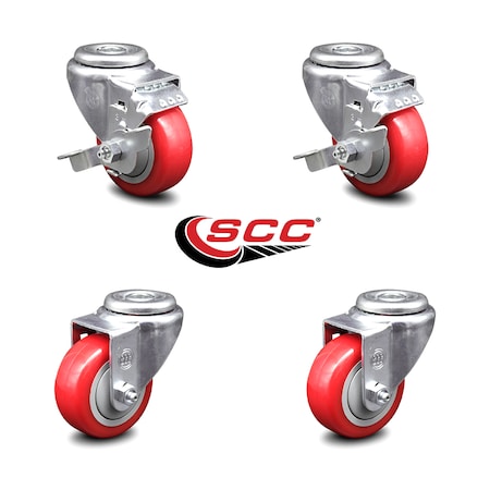 Service Caster 3.5 Inch Red Polyurethane Wheel Swivel Bolt Hole Caster Set with 2 Brake SCC SCC-BH20S3514-PPUB-RED-TLB-2-S-2